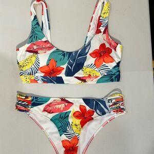 Hollister Bundle Swim Set Tropical Floral Bikini Size XL Bralette Pullover Beach